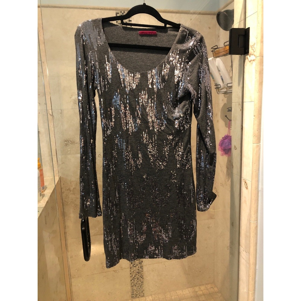 Velvet by Graham & Spencer New Years Long Sleeve Sequin Gray Silver Dress Small